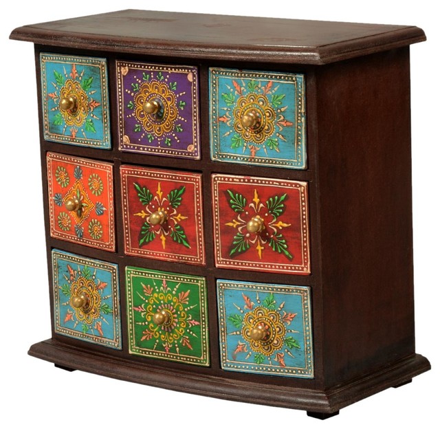 Pidgeon Hole Mango Wood 9 Drawer Hand Painted Jewelry Chest Pidgeon Hole Mango Wood 9 Drawer Hand Painted Jewelry Chest