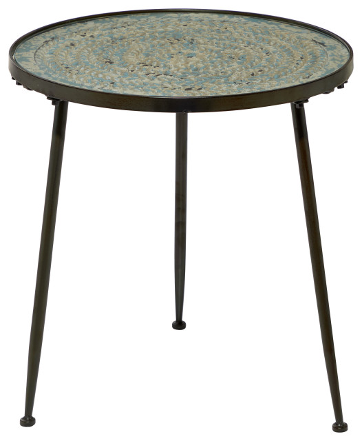 Small Round Accent Table With Carved Blue Wood Inlay, 19"x19"