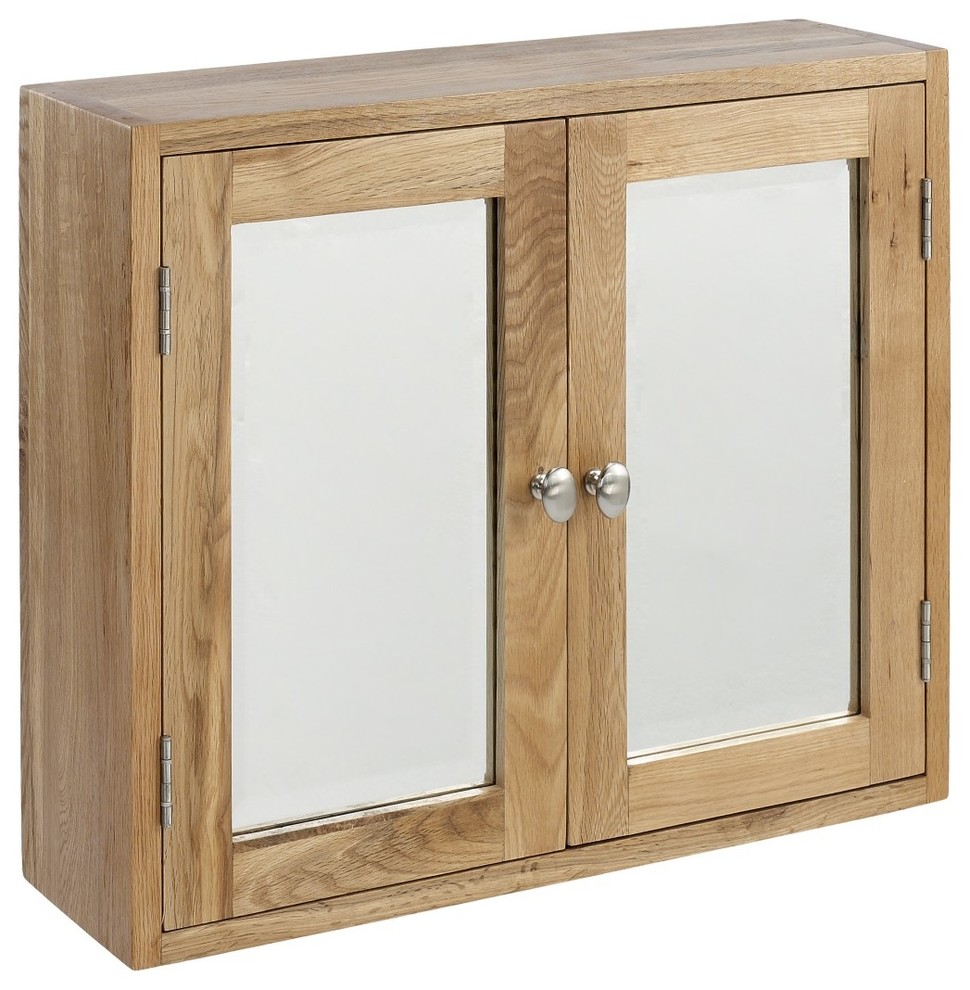 Solid Lansdown Oak Double Bathroom Cabinet With 2 Doors Bevelled Glass