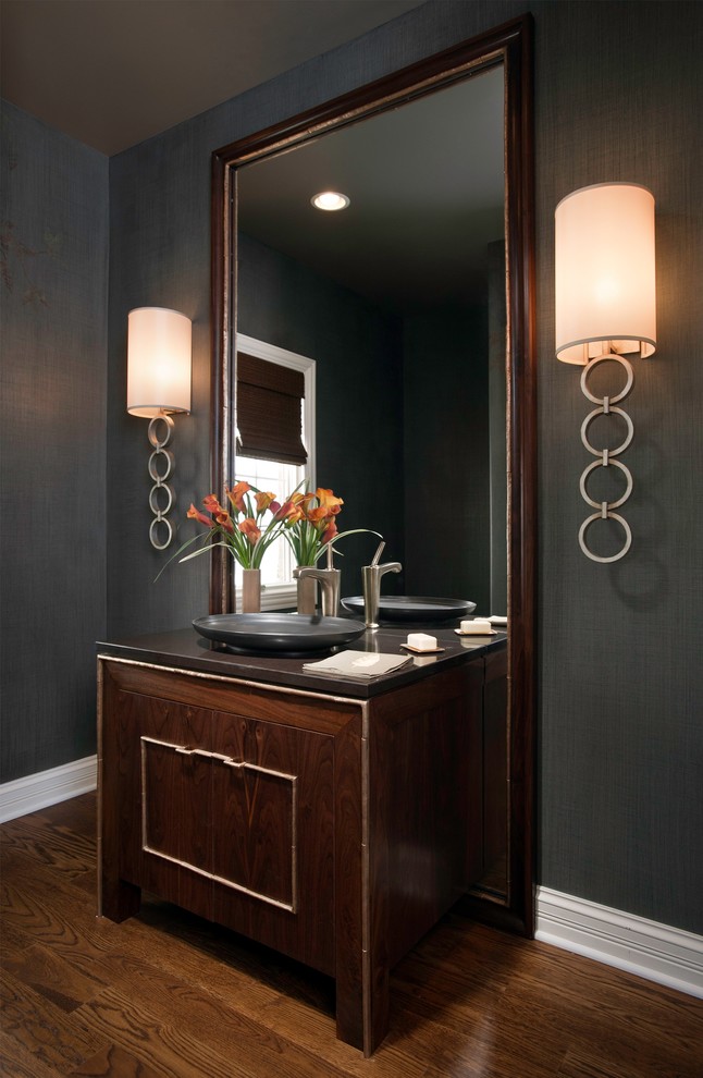 Inspiration for a contemporary powder room in Chicago with a vessel sink.