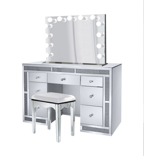 GlamCrystal Mirrored 7Drawer LED Makeup Station Contemporary Bedroom & Makeup Vanities