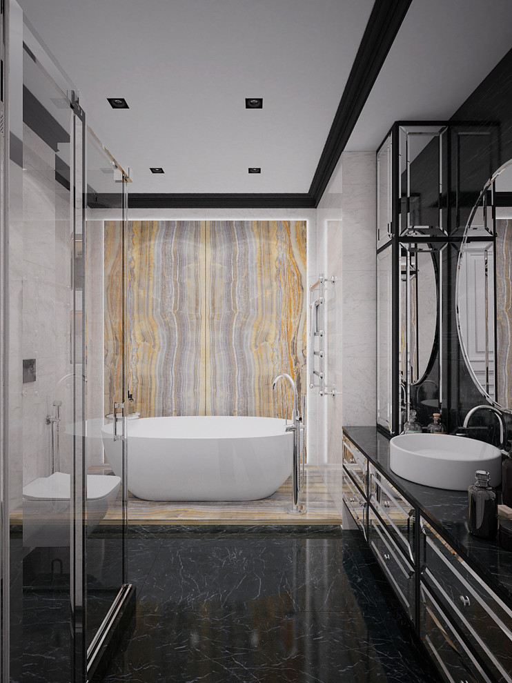 Inspiration for a mid-sized transitional 3/4 wet room bathroom in Moscow with glass-front cabinets, black cabinets, a freestanding tub, a wall-mount toilet, beige tile, porcelain tile, beige walls, porcelain floors, a vessel sink, engineered quartz benchtops, black floor, a hinged shower door and black benchtops.