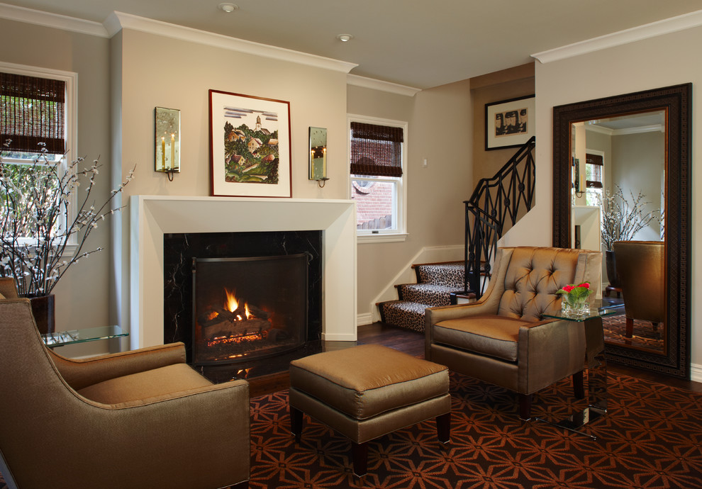 Inspiration for a mid-sized traditional formal enclosed living room in Detroit with beige walls, dark hardwood floors, a standard fireplace, no tv and a stone fireplace surround.