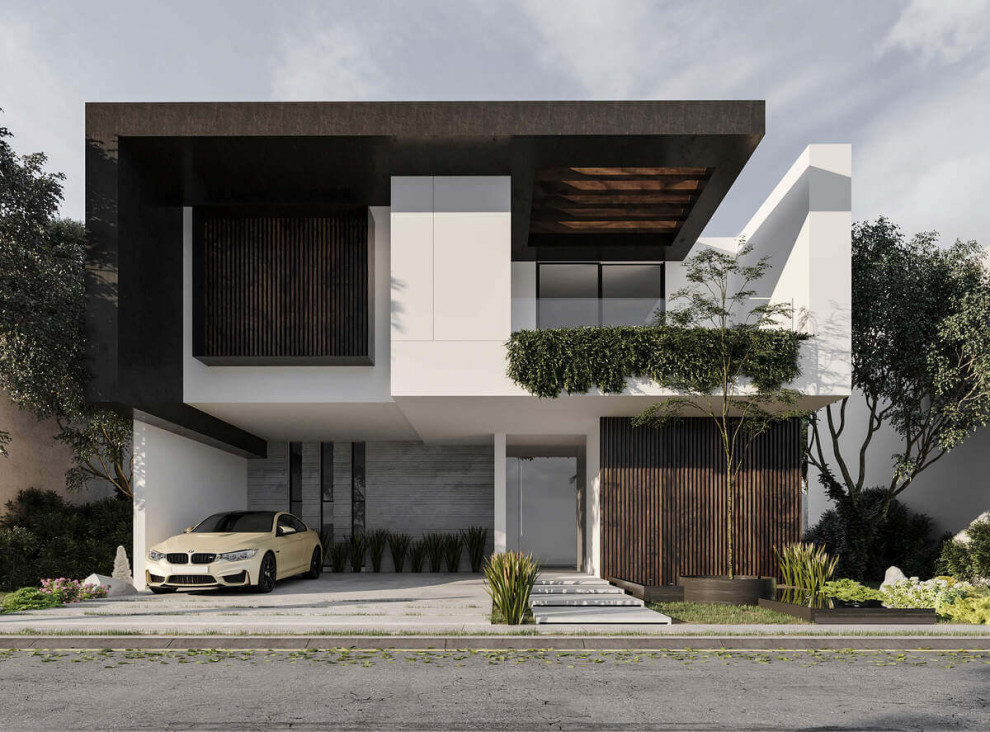 Ispirazione per la facciata di una casa grande bianca moderna a piani sfalsati con rivestimenti misti