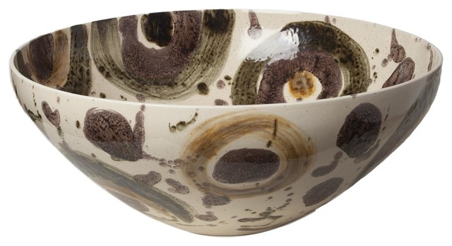Earth Tone Brown Dots Abstract Decorative Bowl, Midcentury Modern Art Colorful