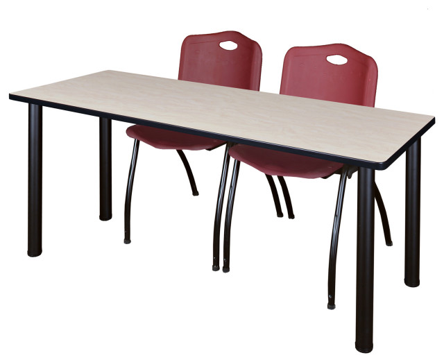 66" x 24" Kee Training Table- Maple/ Black & 2 'M' Stack Chairs- Burgundy