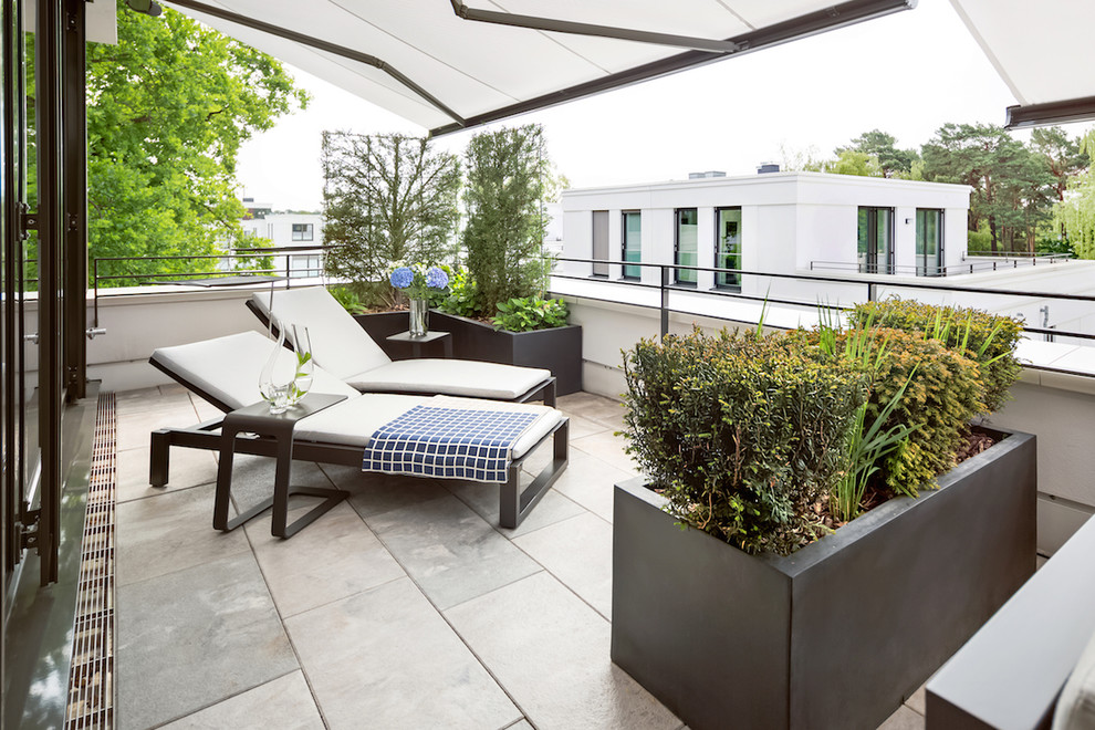 This is an example of a mid-sized contemporary rooftop deck in Berlin with a vertical garden and no cover.