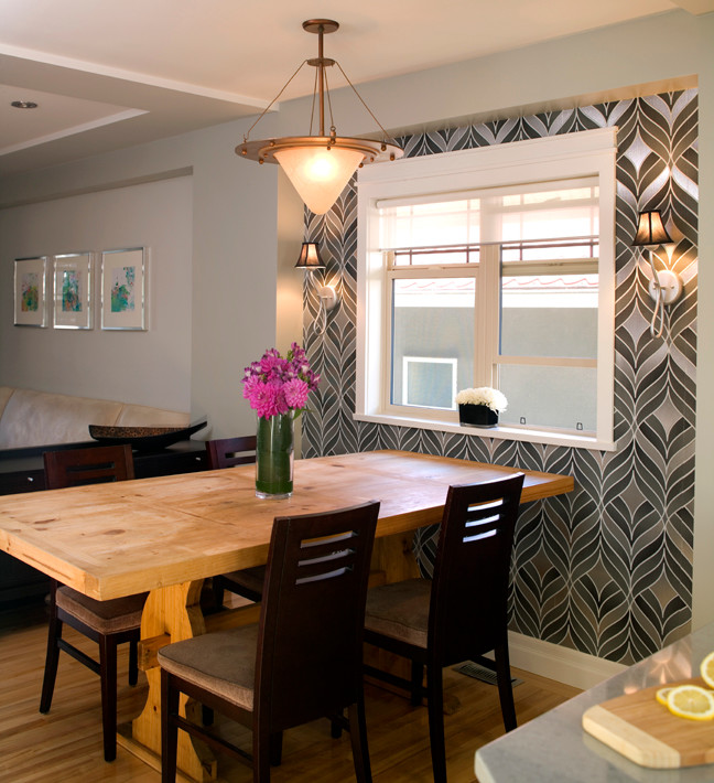 Great room - small transitional light wood floor great room idea in Vancouver with metallic walls