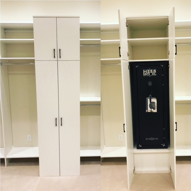 Walk-in closet - mid-sized rustic gender-neutral carpeted and white floor walk-in closet idea with recessed-panel cabinets and white cabinets