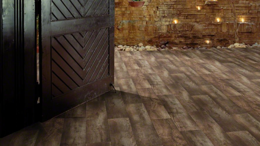 Inspiration for a mid-sized rustic vinyl floor and brown floor front door remodel with a dark wood front door