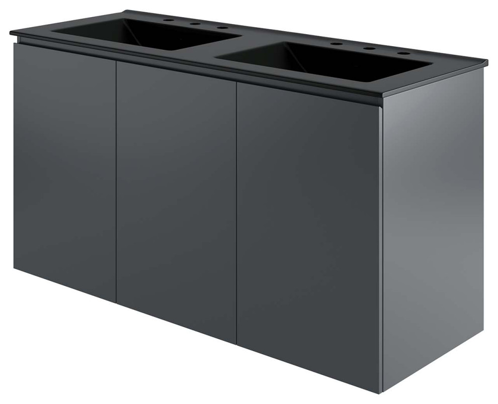 Double Sink Vanity, Wall Mount, Gray Black, Ceramic, Modern, Bathroom