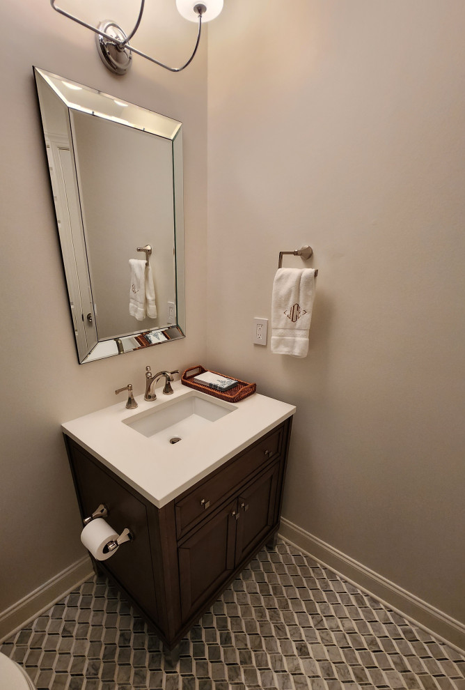Example of a small transitional marble floor and gray floor powder room design in Nashville with shaker cabinets, gray cabinets, white walls, an undermount sink, quartz countertops, white countertops and a freestanding vanity