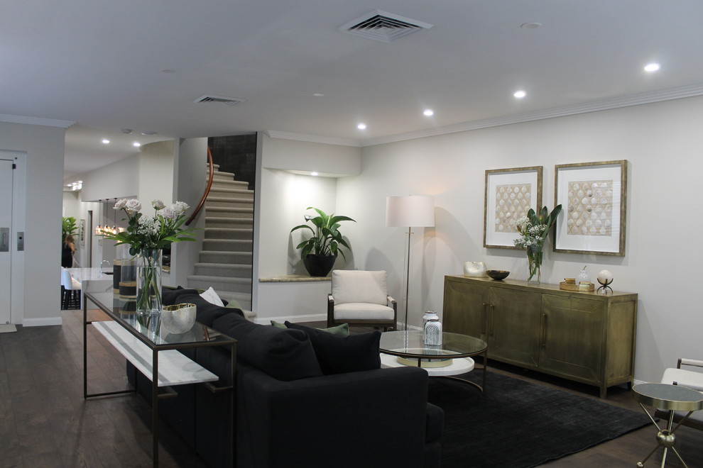 Inspiration for a large contemporary formal open concept living room in Gold Coast - Tweed with white walls, dark hardwood floors, no fireplace, no tv and brown floor.