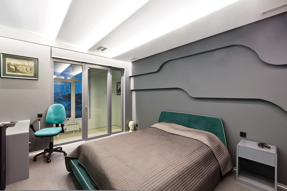 This is an example of a mid-sized contemporary master bedroom in Saint Petersburg with grey walls.