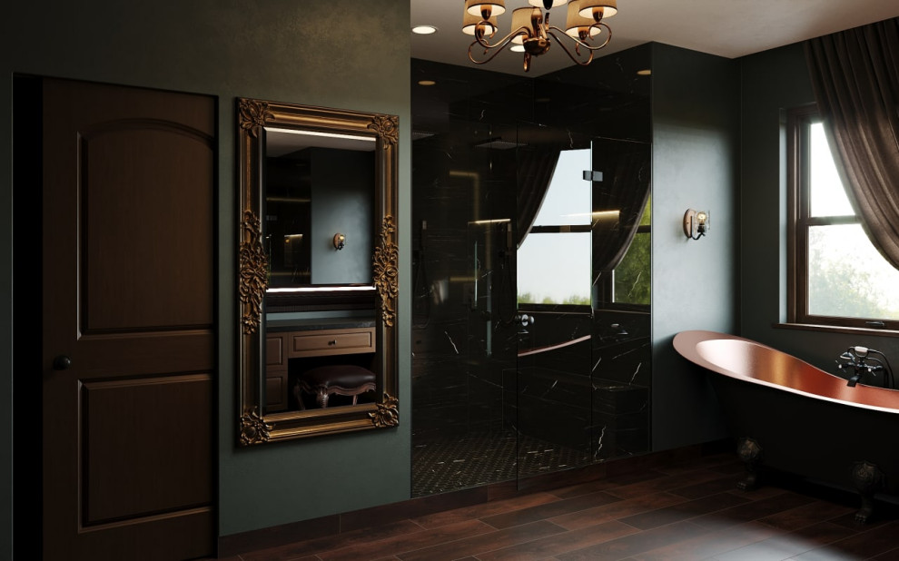 Пример оригинального дизайна: главная ванная комната среднего размера в викторианском стиле с темными деревянными фасадами, ванной на ножках, двойным душем, унитазом-моноблоком, черной плиткой, керамической плиткой, зелеными стенами, полом из плитки под дерево, накладной раковиной, столешницей из искусственного кварца, коричневым полом, душем с распашными дверями, черной столешницей, сиденьем для душа, тумбой под две раковины и подвесной тумбой