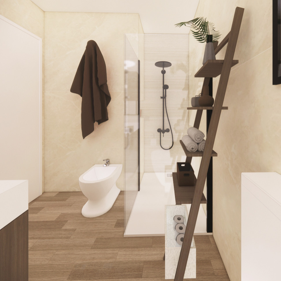 Пример оригинального дизайна: маленькая главная ванная комната в белых тонах с отделкой деревом в стиле модернизм с фасадами островного типа, белыми фасадами, душем без бортиков, биде, бежевой плиткой, плиткой под дерево, бежевыми стенами, полом из керамической плитки, накладной раковиной, столешницей из искусственного камня, душем с распашными дверями, белой столешницей, нишей, тумбой под одну раковину и встроенной тумбой для на участке и в саду