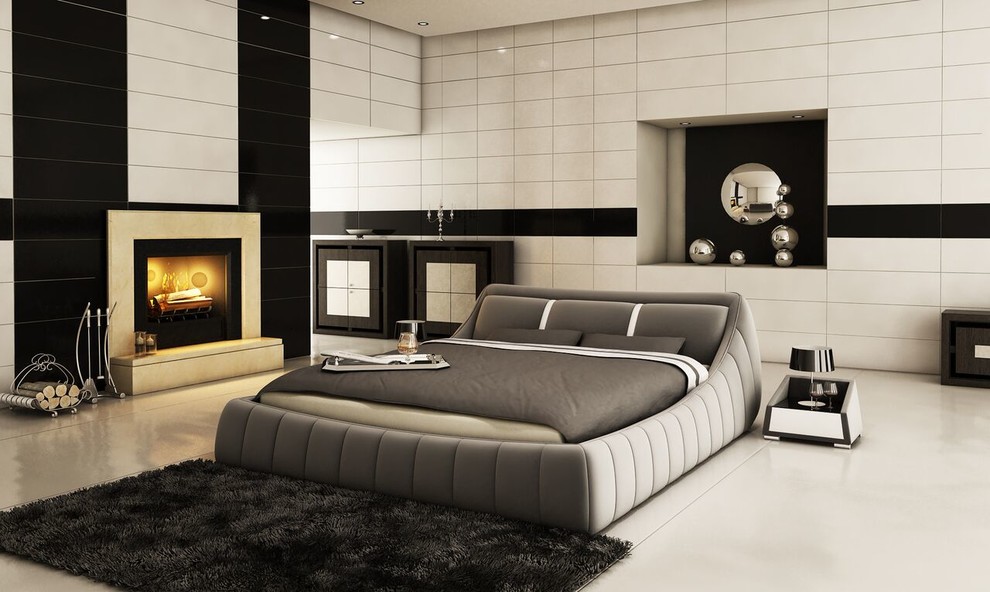 Inspiration for a large modern master bedroom in Toronto with white walls, marble floors, a standard fireplace, a metal fireplace surround and white floor.