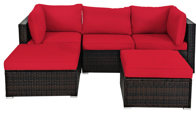 Costway 5PCS Patio Rattan Furniture Set Ottoman Table Red