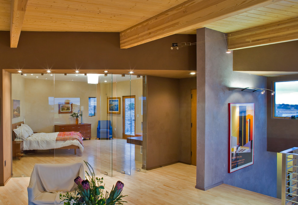 Photo of an expansive modern master bedroom in Albuquerque with light hardwood floors and brown walls.