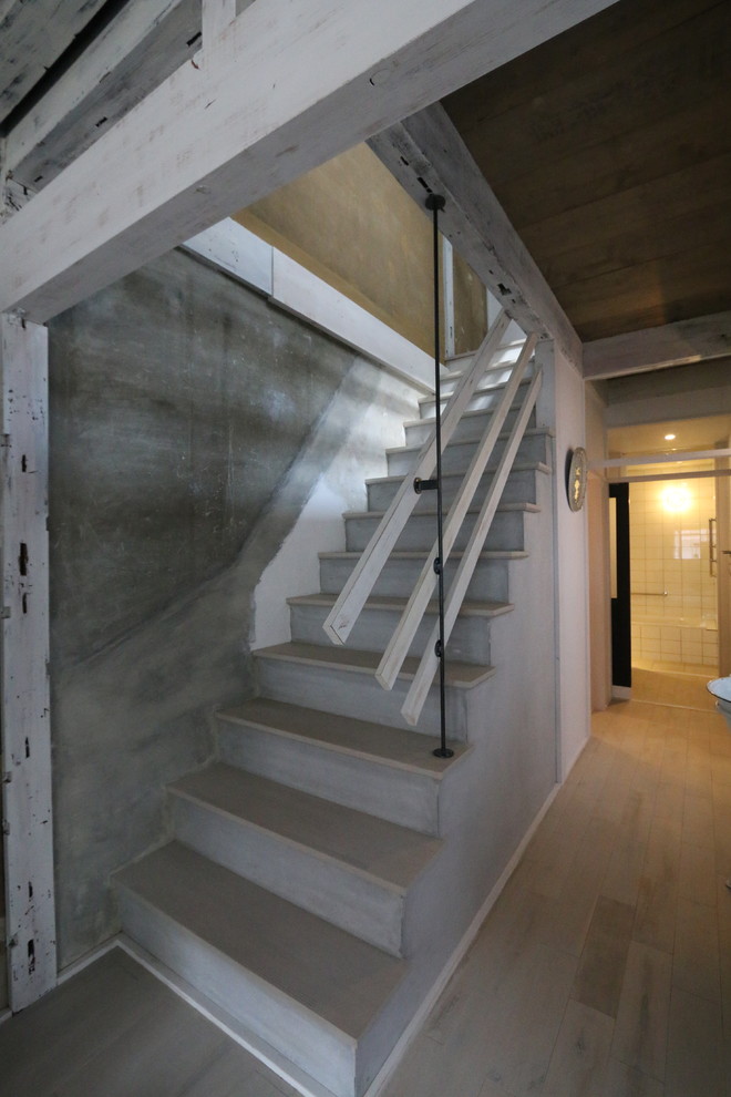 This is an example of a traditional wood straight staircase in Kyoto with concrete risers.