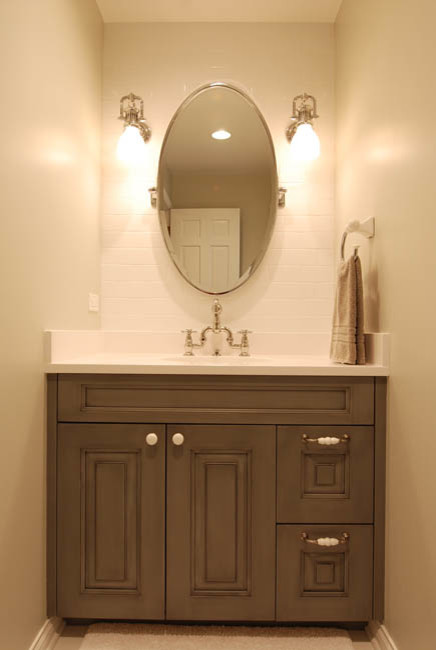 Inspiration for a small traditional kids bathroom in Chicago with raised-panel cabinets, grey cabinets, white tile, subway tile and white walls.