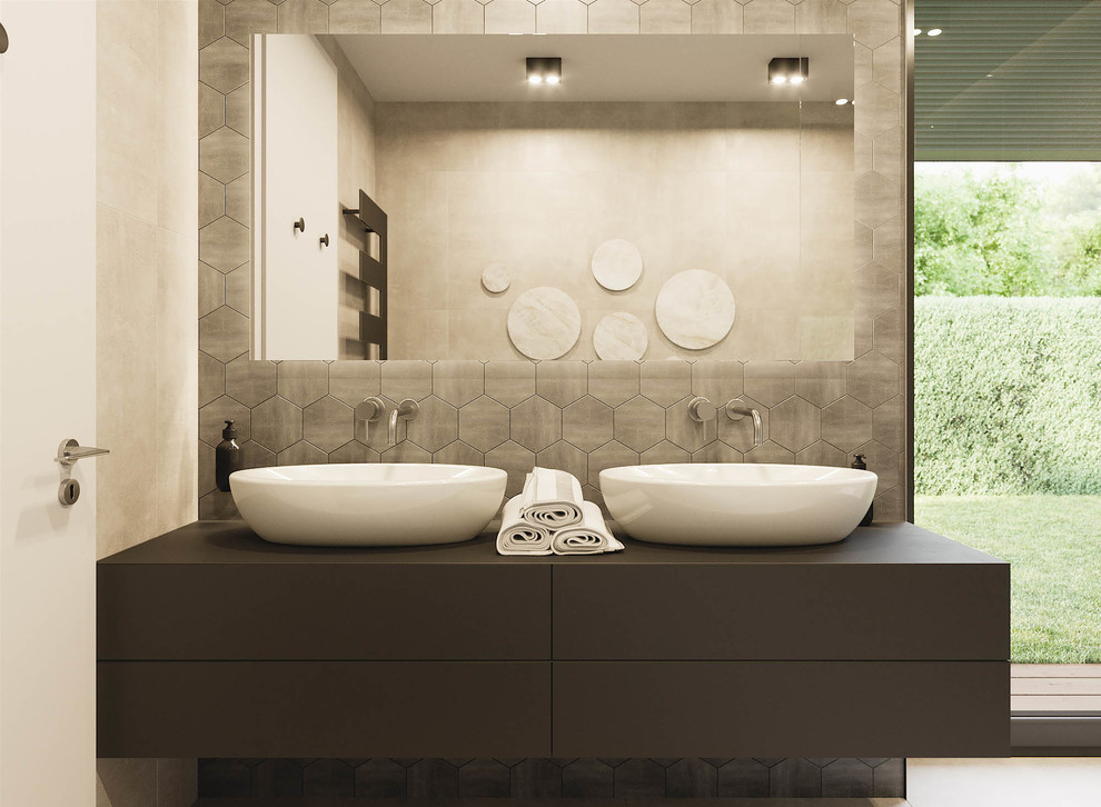 Inspiration for a small modern master bathroom in Other with open cabinets, a freestanding tub, an open shower, a wall-mount toilet, brown tile, ceramic tile, brown walls, terrazzo floors, an integrated sink, wood benchtops, brown floor, an open shower and grey benchtops.