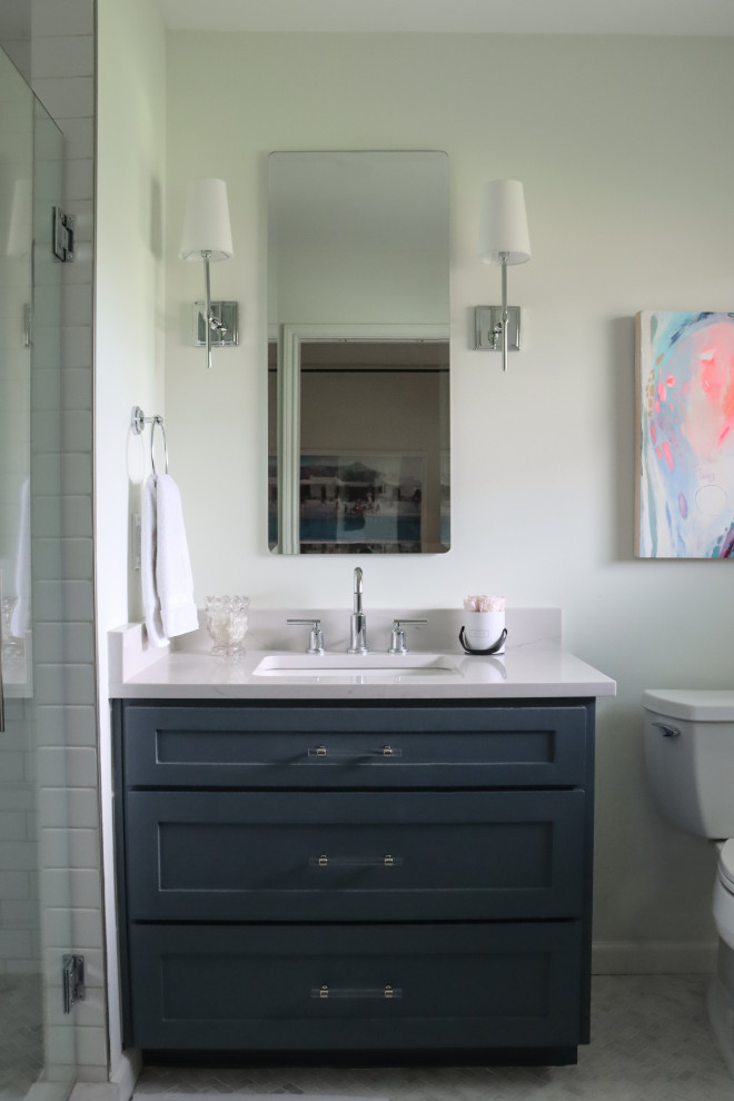 Transitional master bathroom in Other with shaker cabinets, blue cabinets, white tile, ceramic tile, white walls, marble floors, engineered quartz benchtops, white floor, yellow benchtops, a single vanity and a built-in vanity.
