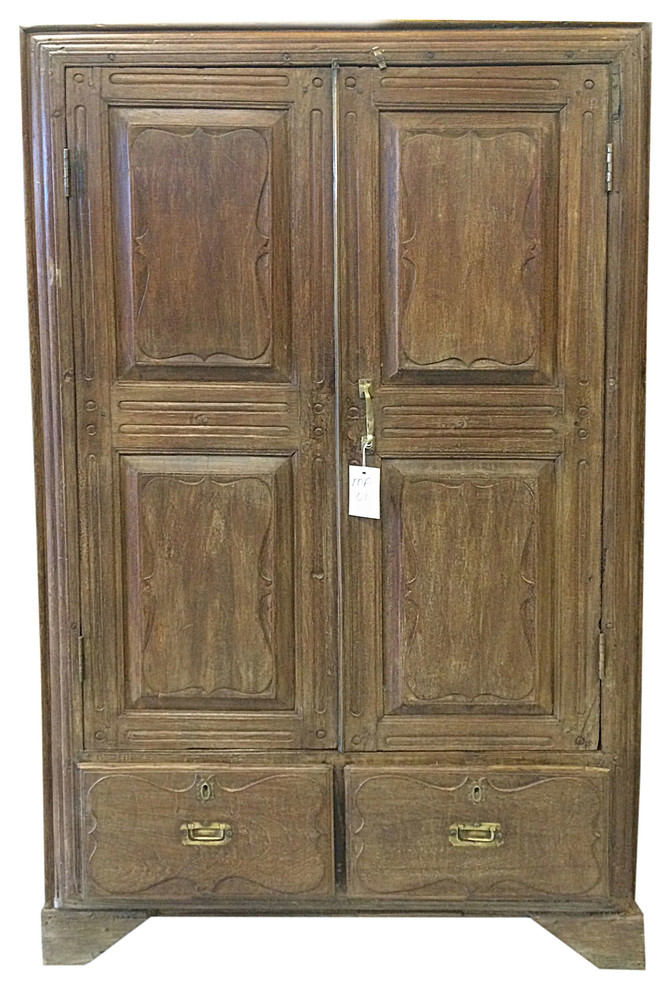 Consigned British Colonial Teak Almirah Rustic Old Wood Armoire