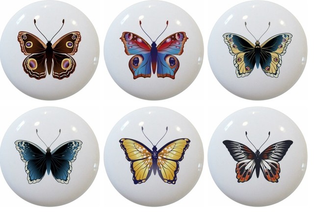 Set Of 6 Butterfly Ceramic Cabinet Drawer Knobs Contemporary