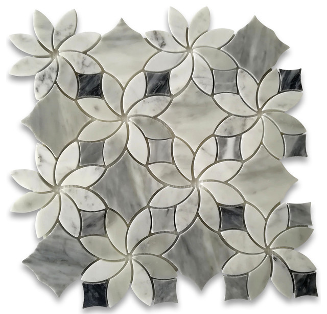 Carrara Marble Flower Mosaic Border White Carrera Floral Listello Tile w/Bardiglio Gray Polished