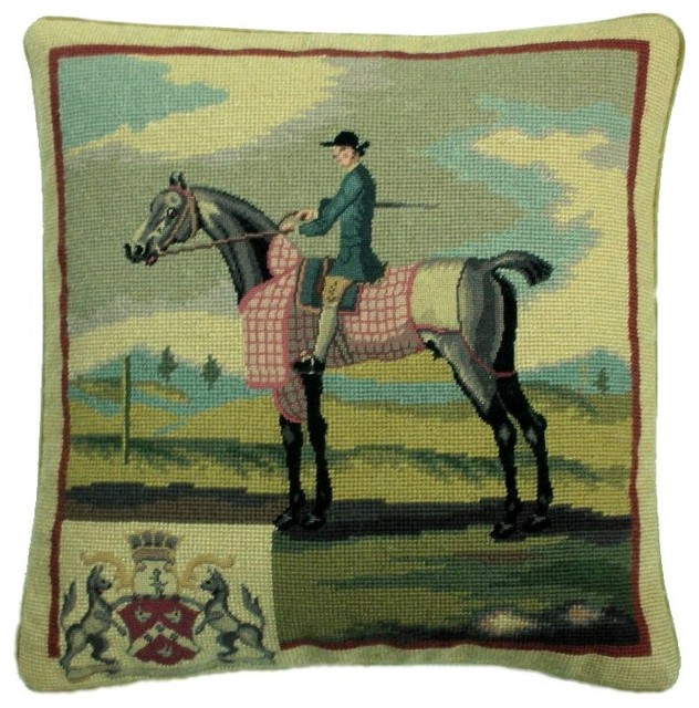 Horse and Rider With Crest Petit Point Pillow, Blue