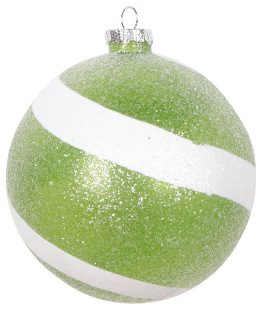 Vickerman 4.75" Green and White Swirl Sugar Glitter Ball Ornament, 3 per bag.