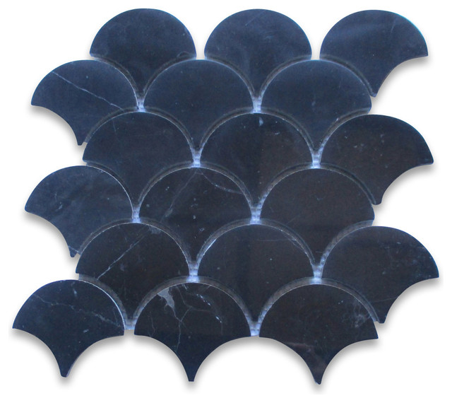 Nero Marquina Black Marble Grand Fish Scale Fan Shape Mosaic Tile