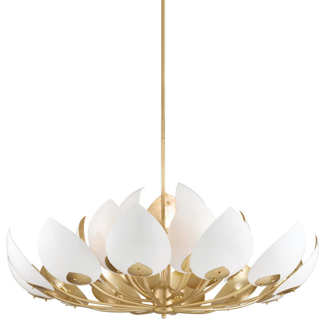 Lotus 21 Light Chandelier, Gold Leaf, White Shade