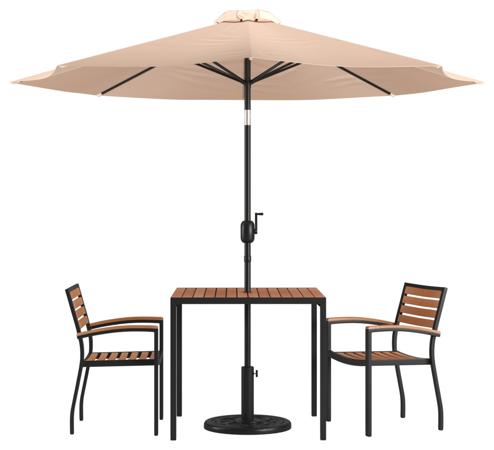 Modern Table, 2 Chairs, Umbrella and Base Teak Traditional Dining