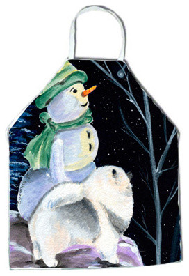 Snowman with Keeshond Apron Polyester Cloth Adult Bib Styled Washable Kitchen A