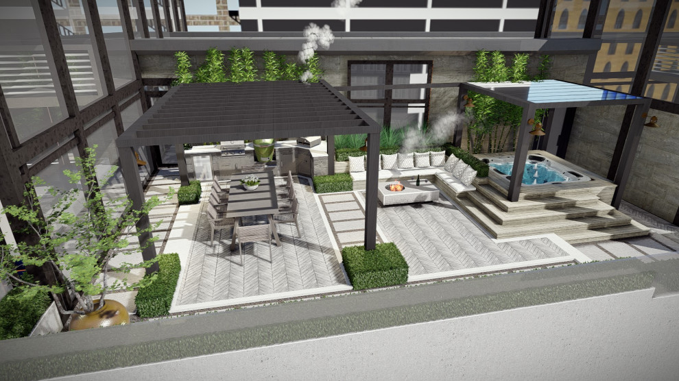 Design ideas for a small modern rooftop and rooftop deck in Other with a fire feature and a pergola.