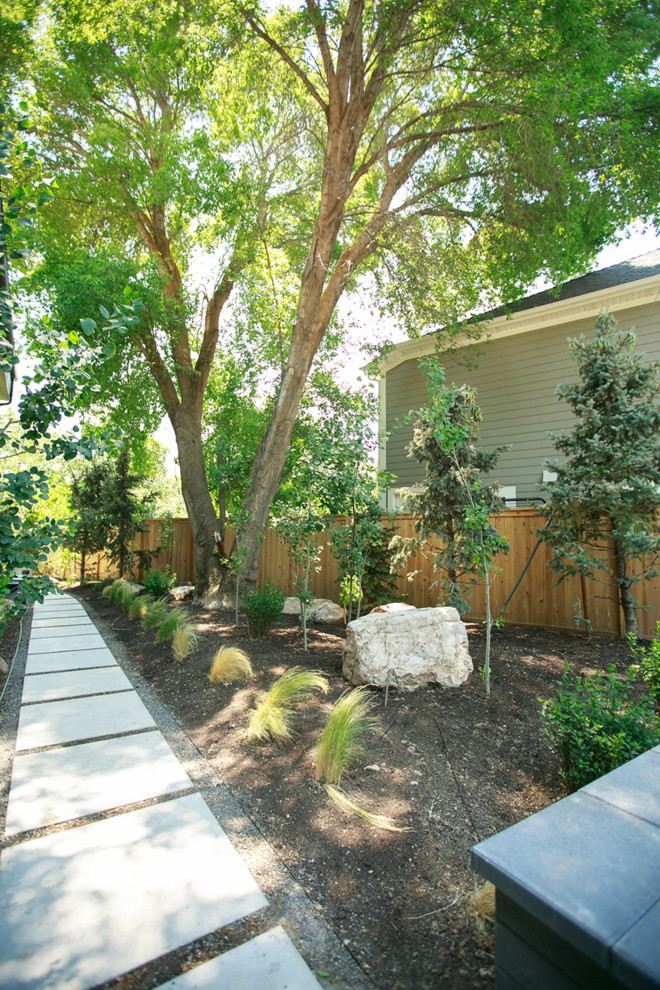 Идея дизайна: участок и сад на боковом дворе в стиле модернизм с дорожками, покрытием из гравия и с деревянным забором