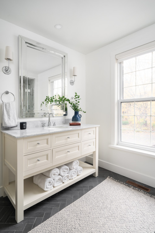 Monochrome Chic: Embrace Style with French Country Bathroom Vanity Ideas, White Cabinetry, and Marble Countertops