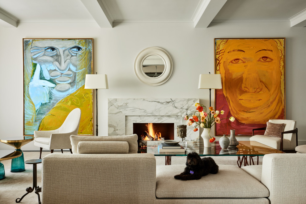 This is an example of a medium sized modern open plan living room in New York with white walls, carpet, a standard fireplace, a stone fireplace surround and exposed beams.