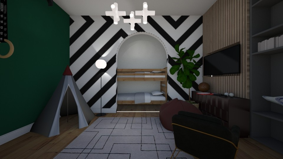Inspiration för små moderna pojkrum kombinerat med sovrum och för 4-10-åringar, med gröna väggar, ljust trägolv och brunt golv