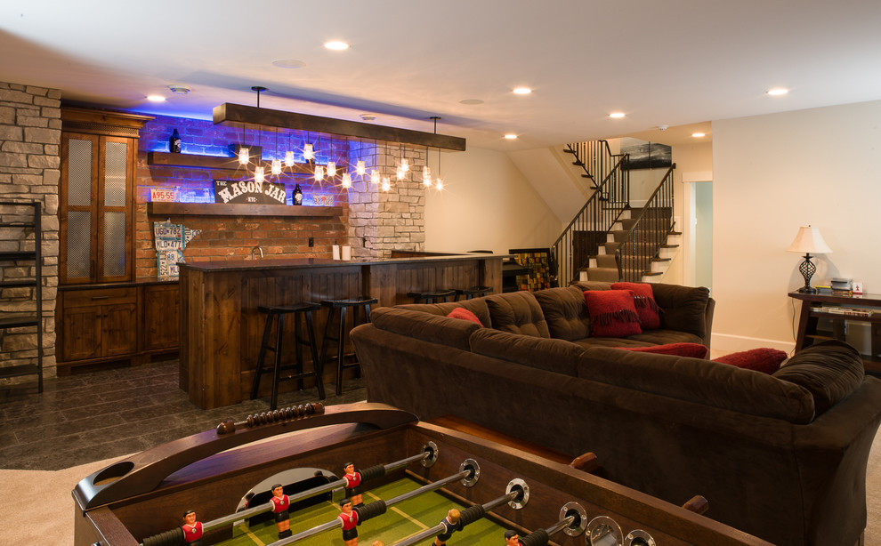 Large traditional look-out basement in Minneapolis with multi-coloured walls.