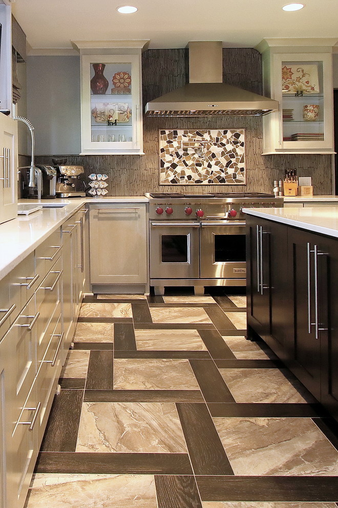 Kitchen - porcelain tile kitchen idea with flat-panel cabinets, quartz countertops, gray backsplash and stone tile backsplash