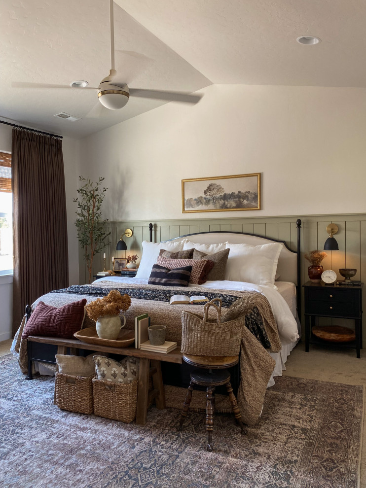 Bedroom - traditional carpeted, beige floor and wainscoting bedroom idea in Los Angeles with white walls