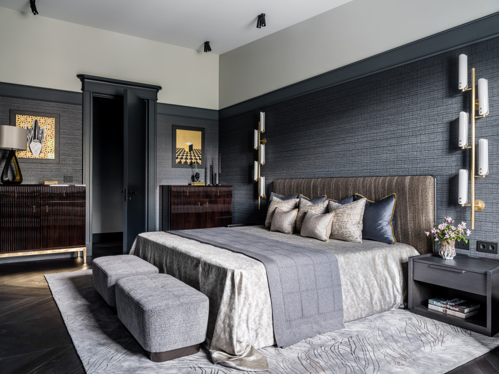 Design ideas for a traditional bedroom in London with grey walls, dark hardwood flooring, brown floors and wallpapered walls.