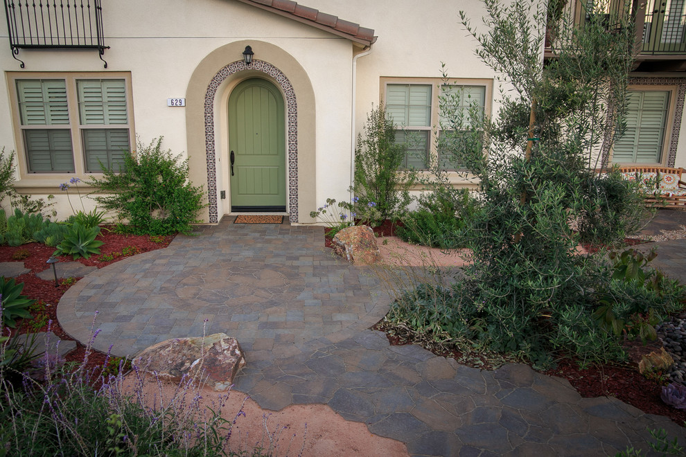 Photo of a large backyard xeriscape in San Diego with a garden path and concrete pavers.