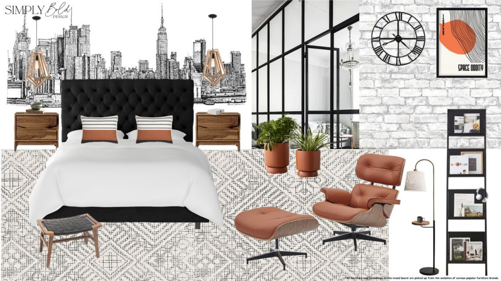 Идея дизайна: хозяйская спальня среднего размера в стиле ретро с белыми стенами, паркетным полом среднего тона, горизонтальным камином, коричневым полом и обоями на стенах