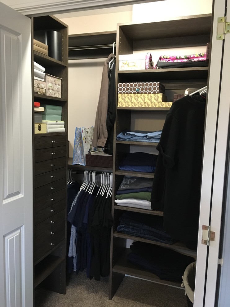 Small transitional gender-neutral carpeted reach-in closet photo with flat-panel cabinets and dark wood cabinets