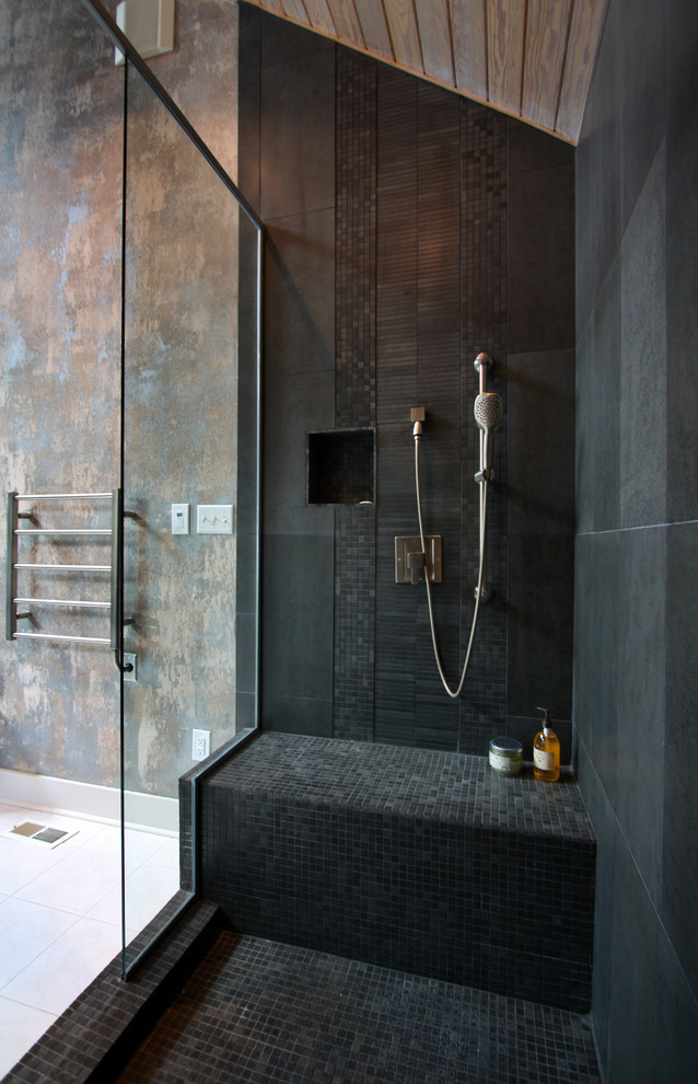 Expansive modern master bathroom in Richmond with a vessel sink, an alcove tub, a double shower, a one-piece toilet, black tile, stone tile, brown walls and ceramic floors.