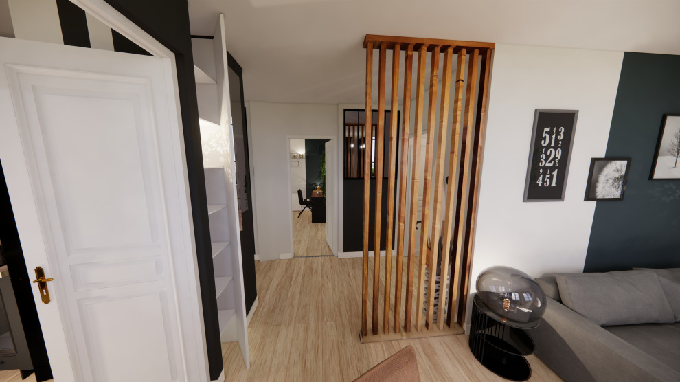 Réalisation d'une petite salle de séjour urbaine avec un mur vert, parquet clair, aucune cheminée, un téléviseur indépendant et un sol beige.